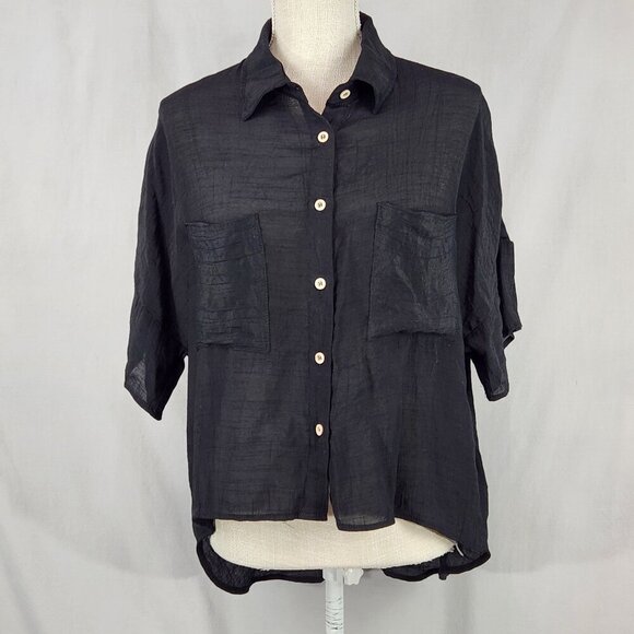 HYFVE Tops - HYFVE Button Up Semi Sheer Blouse Women's M Black High Low Hem Short Sleeve Goth